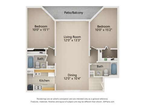 Floor plan for 2 beds, 2 baths, 1070 sqft